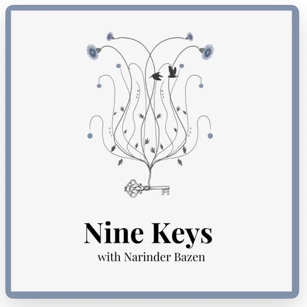 Nine Keys with Narinder Bazen podcast logo featuring an old fashioned key with stylized vines and flowers growing from it