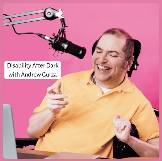 Photo of Andrew Gurza at the mic, disability after dark podcast