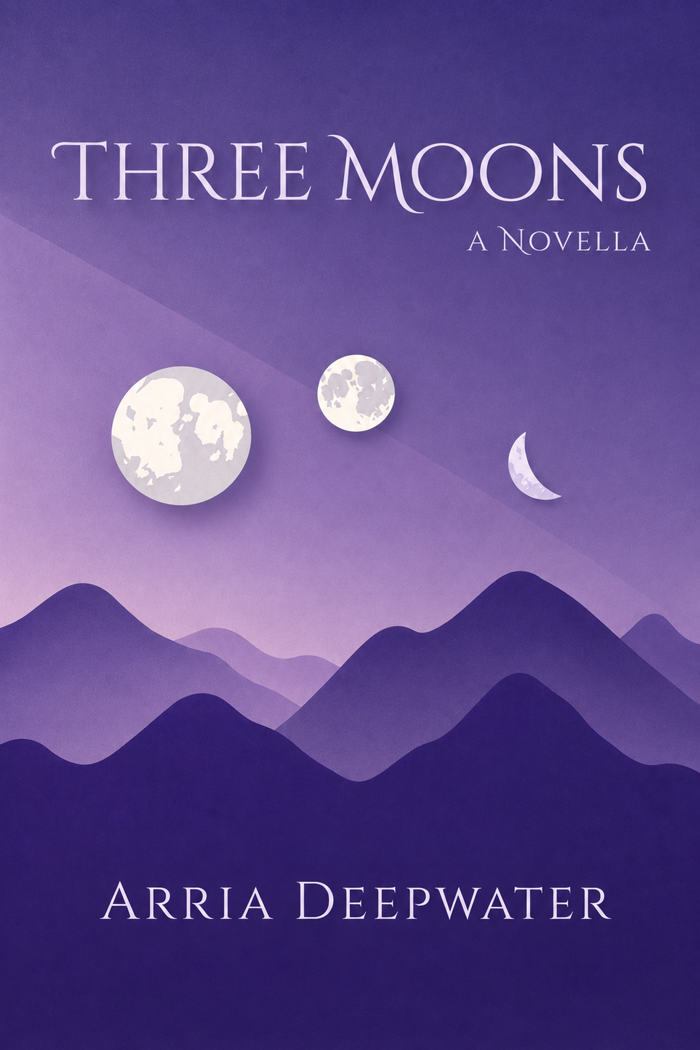 Book cover for Three Moons a Novella with purple sky, mountains and three moons